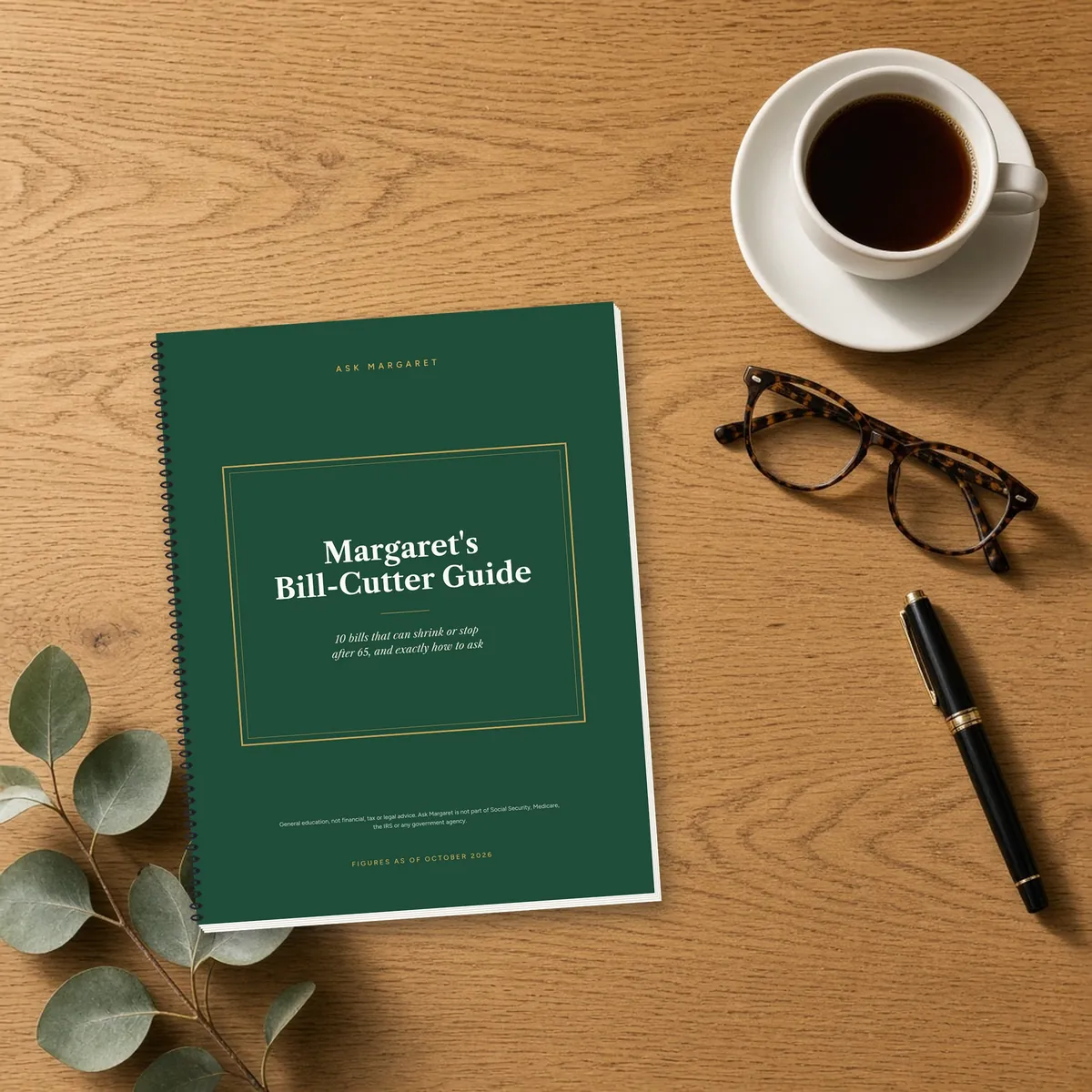 Margaret's Bill-Cutter Guide, a spiral-bound green booklet, next to coffee and glasses