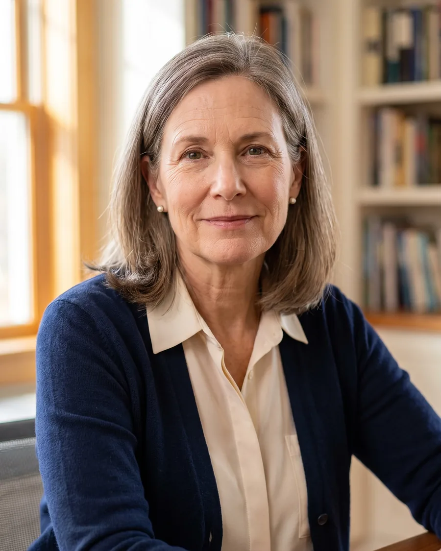 Margaret, the AI presenter of Ask Margaret, in a navy cardigan at a desk with bookshelves behind her